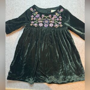 Peek Girls Green Crushed Floral Velvet Embroidered Dress Size 3T